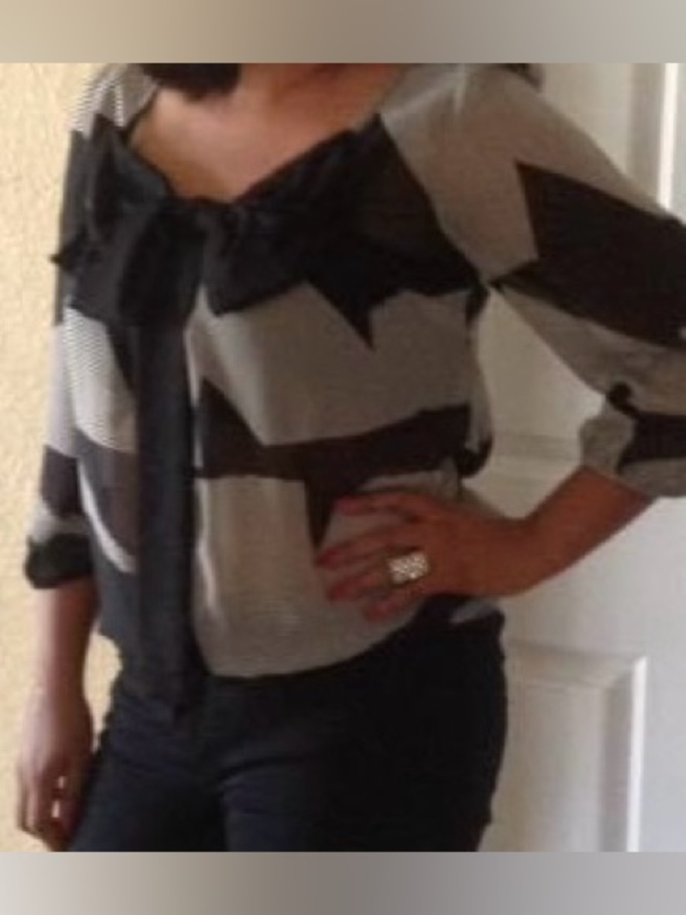 Mystic Black and White Bow-Front Sheer Top